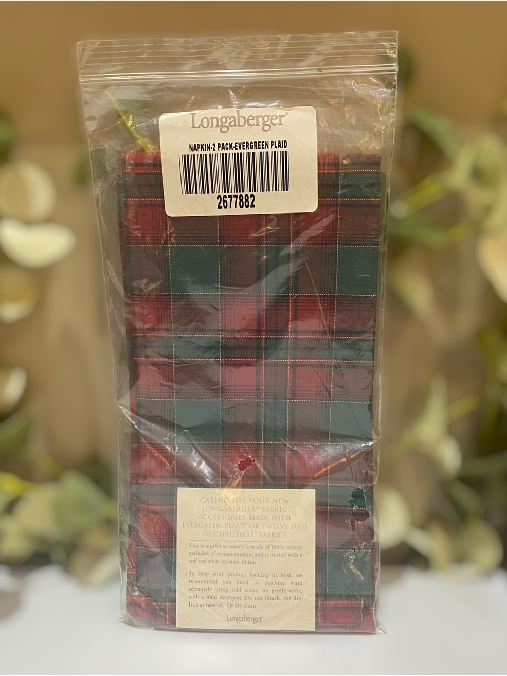 NEW Longaberger Set 2 Napkins Evergreen Plaid Red Green 100% Cotton